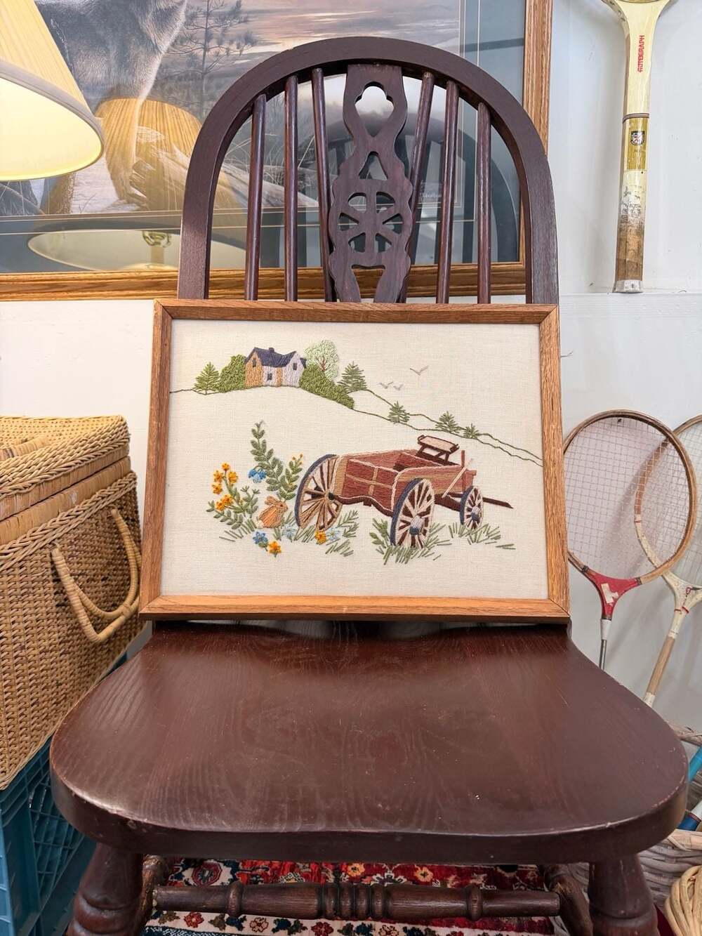 Vintage Farmhouse Framed Needlepoint Embroidery Country Wagon House Picture Art